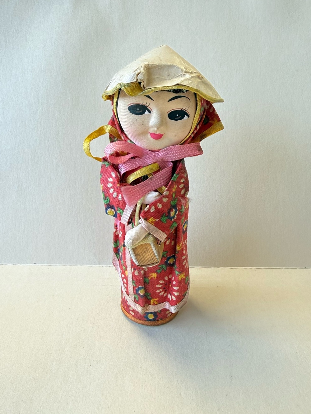Vintage Folk Art Chinese Cylinder Doll w/ Red Floral Kimono & Conical Rice Hat.